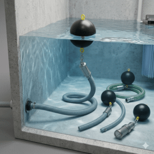 A close-up, eye-level product application image of a Floating Suction Hose inside a Western-standard rainwater harvesting cistern. One grey corrugated Floating Suction Hose with a black floating ball and a metal suction filter is actively installed and submerged in the clear water. Several other models and specifications of the Floating Suction Hose are neatly displayed on the concrete floor beside the tank.