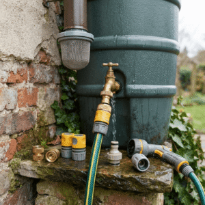 Close-up of a green garden hose equipped with a Garden Hose Quick Connector attached to an outdoor brass tap on a rainwater harvesting barrel, with various plastic and brass connector fittings displayed nearby.