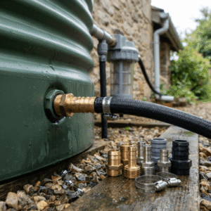 A close-up eye-level shot of a brass hose tail connector installed on a green rainwater harvesting tank, securely linking it to a black reinforced hose with a stainless steel clamp. In the foreground, various types of hose tail fittings in brass, stainless steel, and plastic are displayed on a wet wooden plank, set against an outdoor European-style stone wall with a filtration system background.