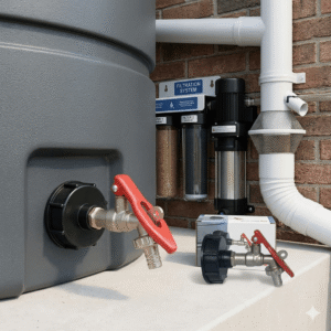 A lockable tank tap with a red handle and black adapter installed on a grey rainwater collection tank, set against an outdoor filtration system with a brick wall background, alongside a standalone lockable tank tap and its product box.
