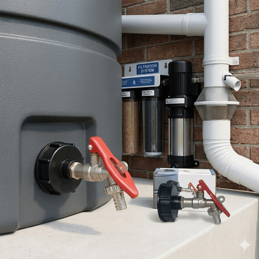 A lockable tank tap with a red handle and black adapter installed on a grey rainwater collection tank, set against an outdoor filtration system with a brick wall background, alongside a standalone lockable tank tap and its product box.
