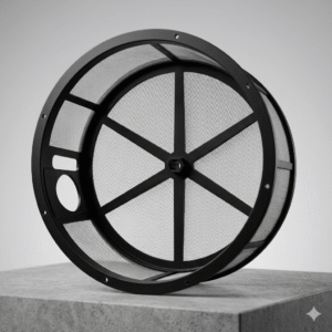 A high-end circular black Nylon Mesh Strainer Basket featuring a 3D mesh structure and structural support spokes, showcased in a professional studio setting with cinematic lighting.