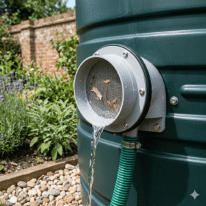 A close-up product application image of an Overflow Screen for Rainwater Harvesting mounted on the side of a dark green plastic water tank. The greyish-white elbow component features a fine stainless steel mesh screen with a few dry leaves, allowing clear excess water to overflow. A green corrugated hose is attached beneath it with a metallic clamp. The background shows a beautifully landscaped European garden with purple lavender plants, a brick wall, and pebbles.