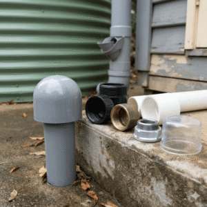 A close-up, eye-level product photo showcasing a Pipe Cap for Rainwater Harvesting used in European and American residential and commercial rainwater filtration systems. On the left, a grey dome-shaped cap is installed on the outside to seal the end of a vertical pipe. On the concrete step to the right, various other styles and materials of the Pipe Cap for Rainwater Harvesting are displayed, including black plastic, brass, and galvanized metal caps with internal female threads, alongside a clear plastic cover. The background features a green corrugated rainwater storage tank and a downpipe filtration system.