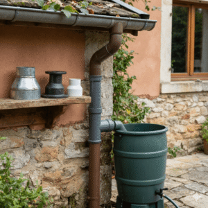 A eye-level close-up shot of a rainwater harvesting and filtration system on a European-style building. A downspout utilizes a specialized pipe reducer for rainwater harvesting to direct filtered water into a green rain barrel. On a nearby wooden shelf, three alternative styles and materials of a pipe reducer for rainwater harvesting are displayed, including galvanized metal, cast iron, and white plastic, with no text on the image.