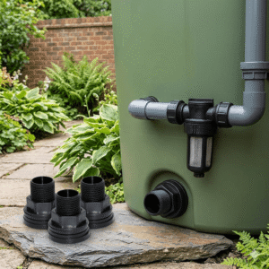 Plastic Tank Connector components placed on a stone path next to an outdoor rainwater harvesting filtration system in a garden.