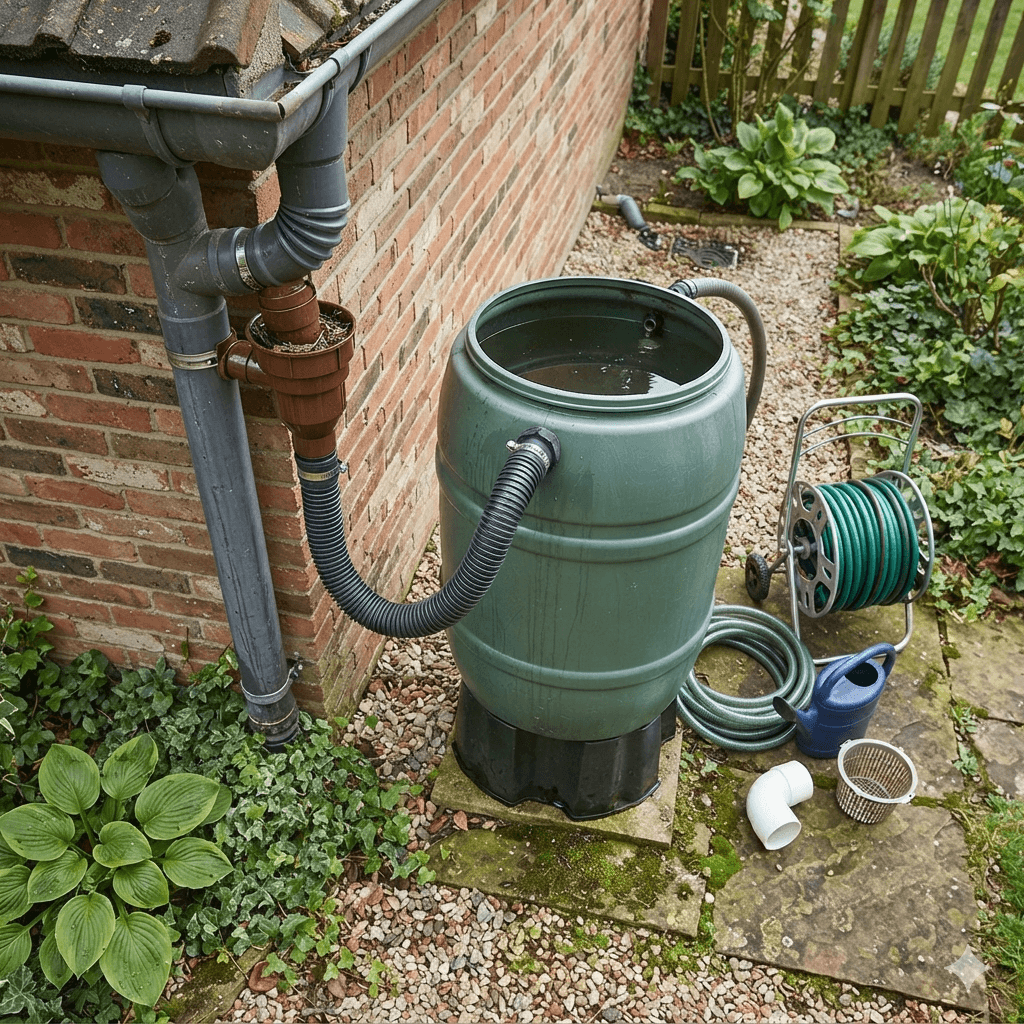 A real-life European/American garden rainwater harvesting system showcasing a green rain barrel connected to a downspout filter via a black corrugated Rain Barrel Connector Hose, with related garden products like a hose reel and watering can neatly placed alongside.