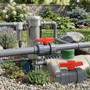 Close-up product application of a rainwater ball valve connected to grey pipes near a stainless steel filter tank in a European-style garden setup.