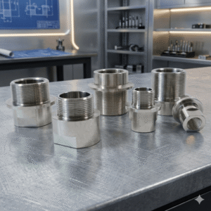 Stainless steel Rainwater Filter Pipe Joint set, male threaded metallic adapters and couplings displayed as product samples in a professional laboratory workshop background.
