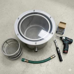 Rainwater Filter Splash Guard Top-down view of a Western-style rainwater filtration system with a splash guard cover. In the center, a round transparent splash guard is installed on top of a stainless steel filter basket, secured with screws. Additional metal mesh filters are stacked to the left, while a green hose, digital torque wrench, power drill, and a box of screws are arranged around the unit on a light-colored tiled floor.