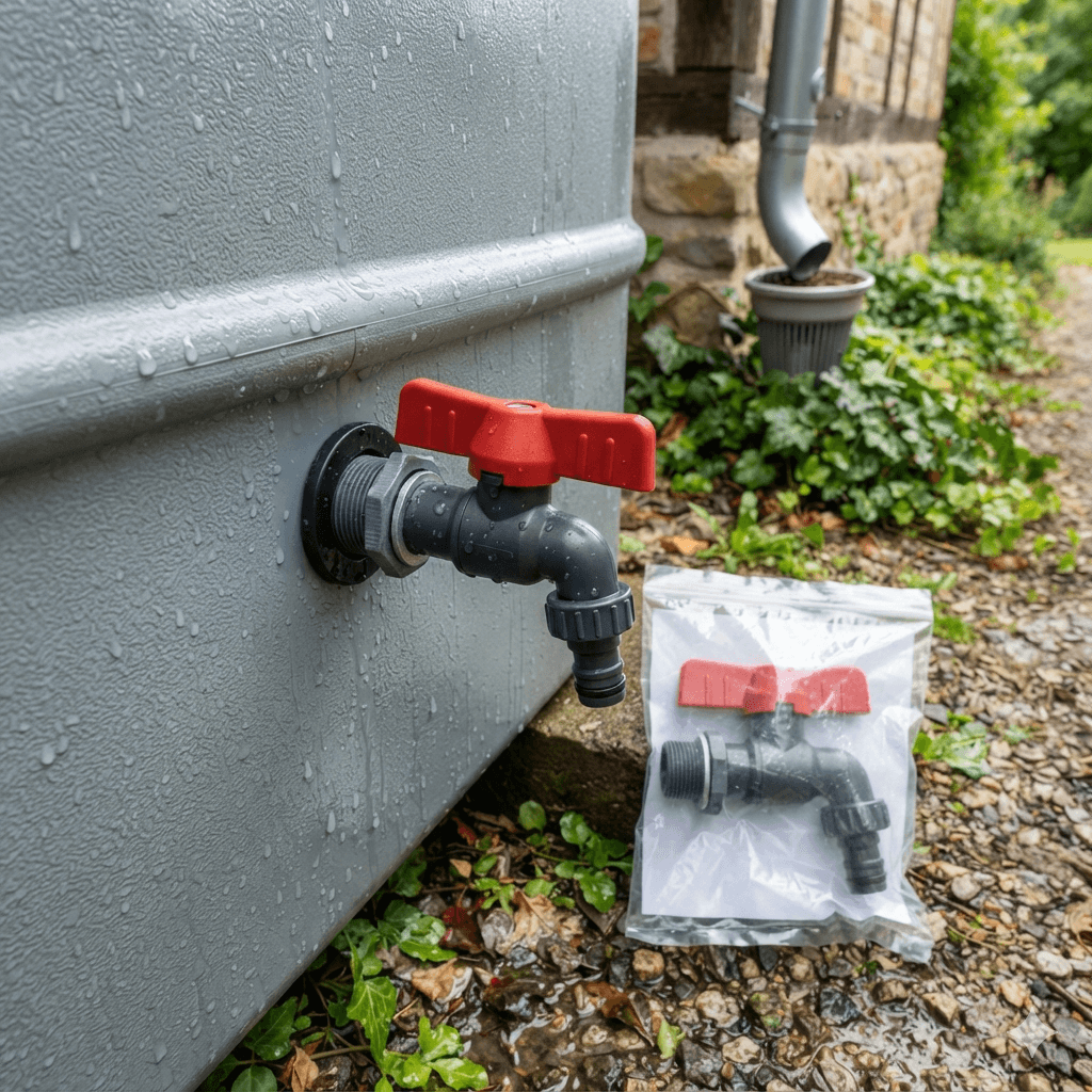A high-angle, close-up shot showing a Rainwater Tank Tap installed on a grey plastic rain barrel in a European-style garden. The tap is made of UV-stabilized PP material, featuring a dark grey body and a prominent red lever handle. On the wet gravel ground to the right, a brand new Rainwater Tank Tap is displayed in its transparent plastic packaging to highlight product details. The background includes green foliage, wet ground, and a house exterior wall with a metal downspout, presenting a realistic rainwater harvesting and filtration application scene.