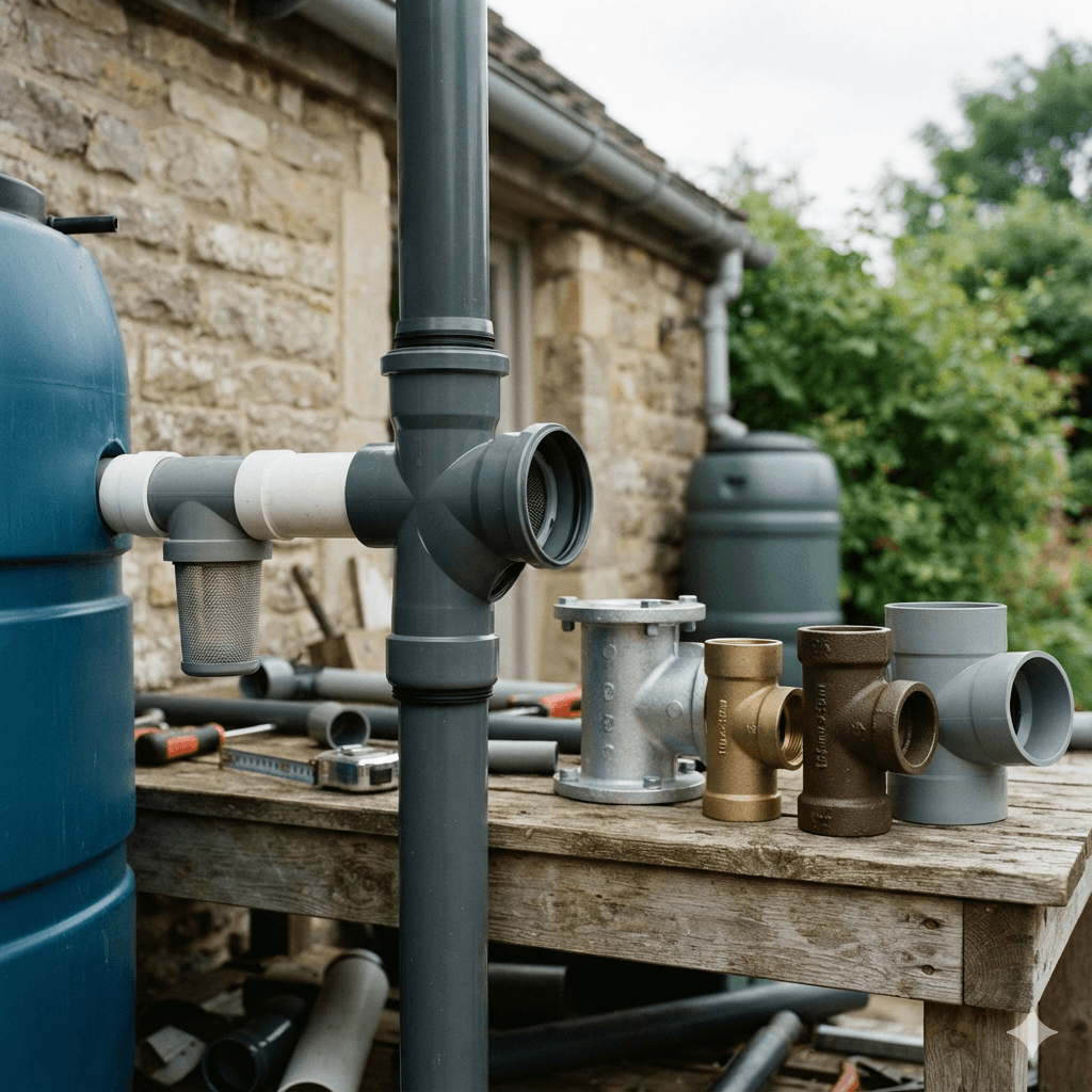A close-up, eye-level view of a Reducing Tee for Rainwater Harvesting integrated into a residential or commercial filtration system in Europe or America. On the left, a grey plastic reducing tee with a built-in mesh filter is connected between a vertical downpipe and a blue water tank. On the right, four other styles and materials of reducing tees—including galvanized metal, brass, cast iron, and grey PVC—are displayed side-by-side on a rustic wooden table against a stone wall background.