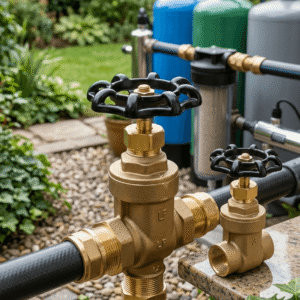 A brass Residential Threaded Gate Valve with a black handwheel connected to an outdoor pipe system, showcasing its practical application in a residential filtration system set against a lush green garden background.