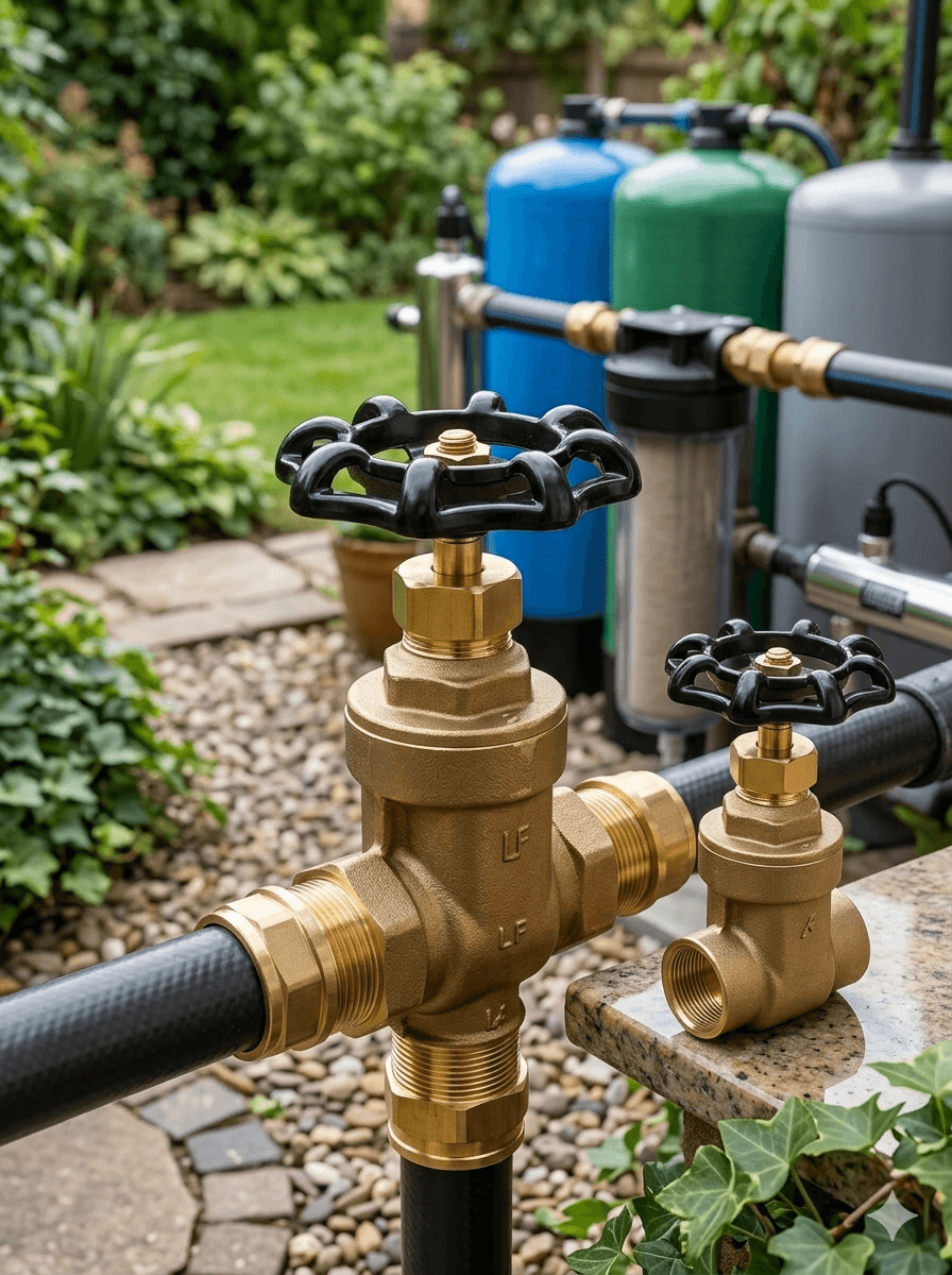 A brass Residential Threaded Gate Valve with a black handwheel connected to an outdoor pipe system, showcasing its practical application in a residential filtration system set against a lush green garden background.