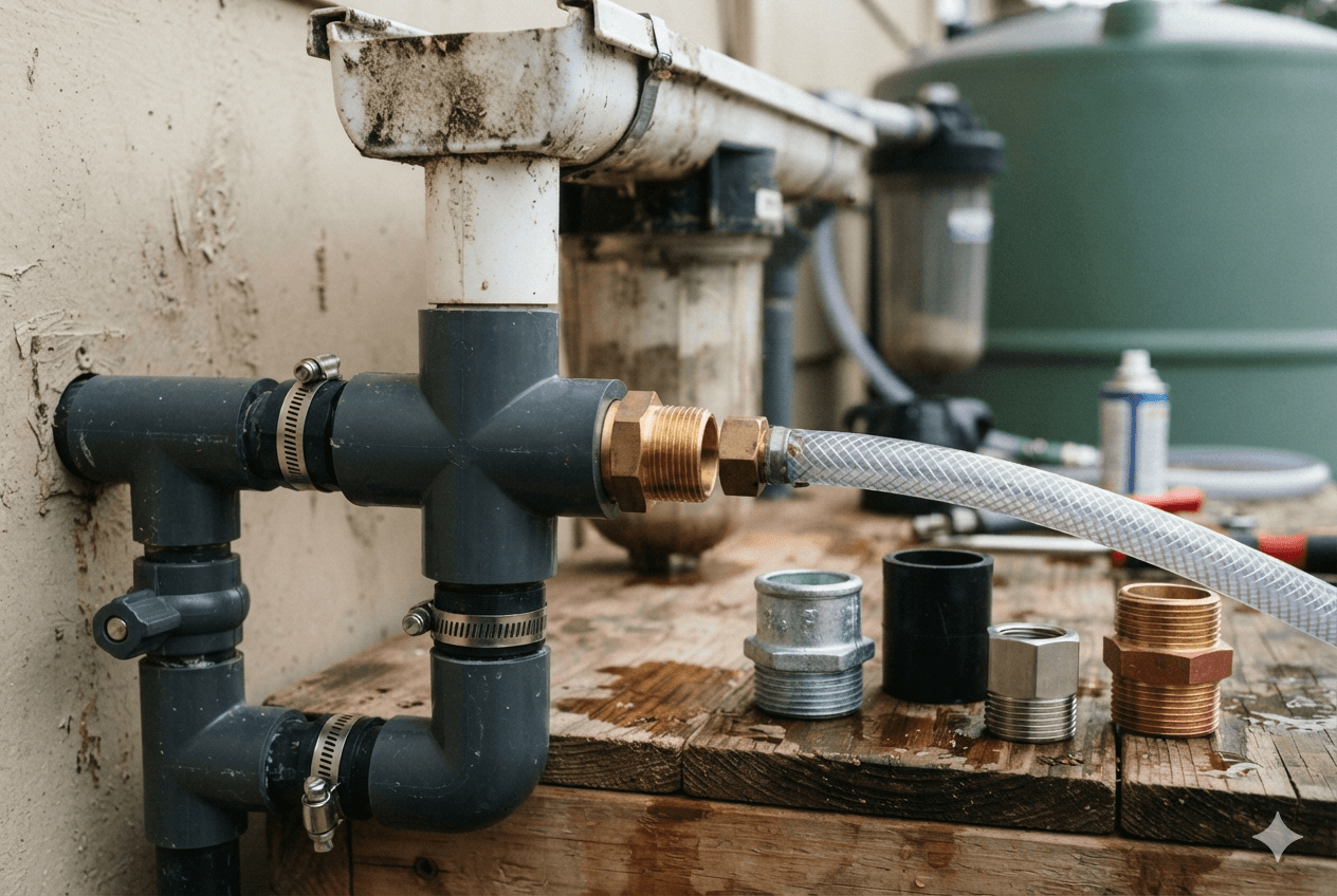 An eye-level close-up shot of a rainwater harvesting and filtration system in a real-world application. On the left, a dark gray plastic pipe and valve network is mounted next to an outdoor wall, featuring a compact brass hex residential water tank reducing adapter screwed into a larger fitting to connect a thinner, translucent braided hose. On the right, several alternative reducing bushings in various materials—including galvanized steel, black plastic, stainless steel, and copper—are displayed side-by-side on a wooden workbench. A large green residential water tank and filtration components are visible in the soft-focus background.