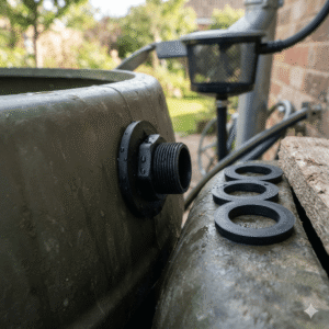 A close-up, eye-level shot of a Rubber Bulkhead Washer applied on a bulkhead fitting of an outdoor rainwater harvesting container. Additional spare Rubber Bulkhead Washers are placed on the side.
