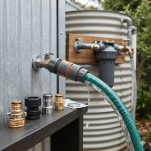Close-up eye-level product application image of a heavy-duty snap-on hose fitting utilized in a professional European and American rainwater harvesting and filtration system. A premium snap-on hose fitting is securely connected to a metal water tank valve, with water flowing through a green garden hose. In the foreground, multiple variants of the snap-on hose fitting in brass, stainless steel, and heavy-duty plastic are displayed on a shelf. A rainwater filter and collection tank are visible in the background, with no text overlays.