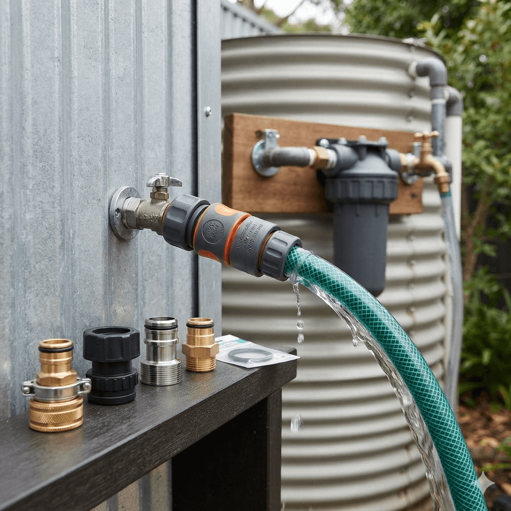 Close-up eye-level product application image of a heavy-duty snap-on hose fitting utilized in a professional European and American rainwater harvesting and filtration system. A premium snap-on hose fitting is securely connected to a metal water tank valve, with water flowing through a green garden hose. In the foreground, multiple variants of the snap-on hose fitting in brass, stainless steel, and heavy-duty plastic are displayed on a shelf. A rainwater filter and collection tank are visible in the background, with no text overlays.