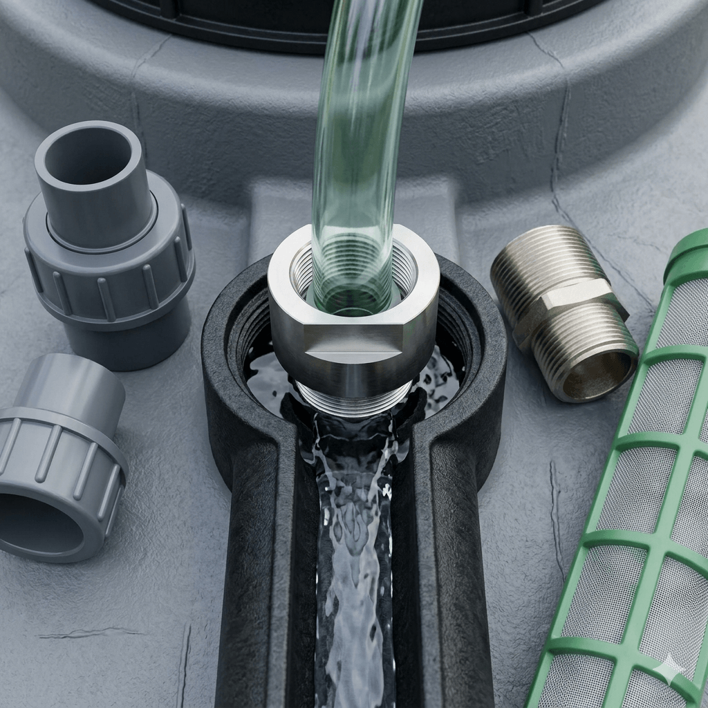 A top-down close-up view of a Stainless Steel Female to Male Reducing Adapter installed in a European-style rainwater harvesting and filtration system. The adapter connects a clear hose to a grey plastic filtration unit with flowing water, while surrounding components like PVC couplings, a metal nipple, and a green mesh filter cartridge are placed nearby on the textured grey surface.