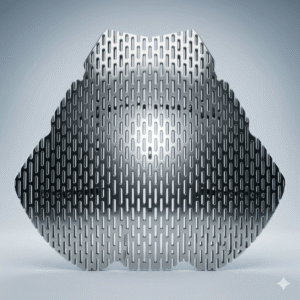 Stainless Steel Perforated Rainwater Filter Commercial product photography of a premium bright stainless steel rain gutter filter mesh. Close-up front view showcasing the 3D metal grid structure with slotted perforations, featuring realistic metallic reflections and a brushed finish on a clean studio background.