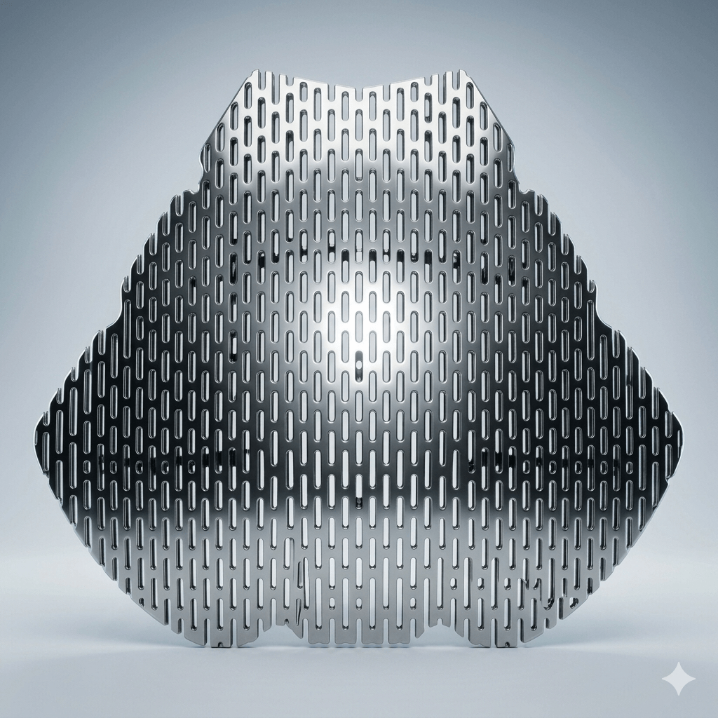 Stainless Steel Perforated Rainwater Filter Commercial product photography of a premium bright stainless steel rain gutter filter mesh. Close-up front view showcasing the 3D metal grid structure with slotted perforations, featuring realistic metallic reflections and a brushed finish on a clean studio background.
