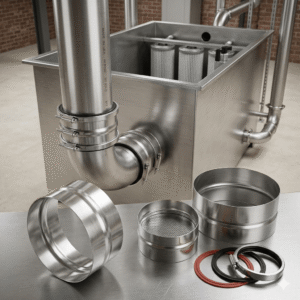 Close-up installation view of a stainless steel round duct joiner in a rainwater harvesting system with a gravity filtration tank.