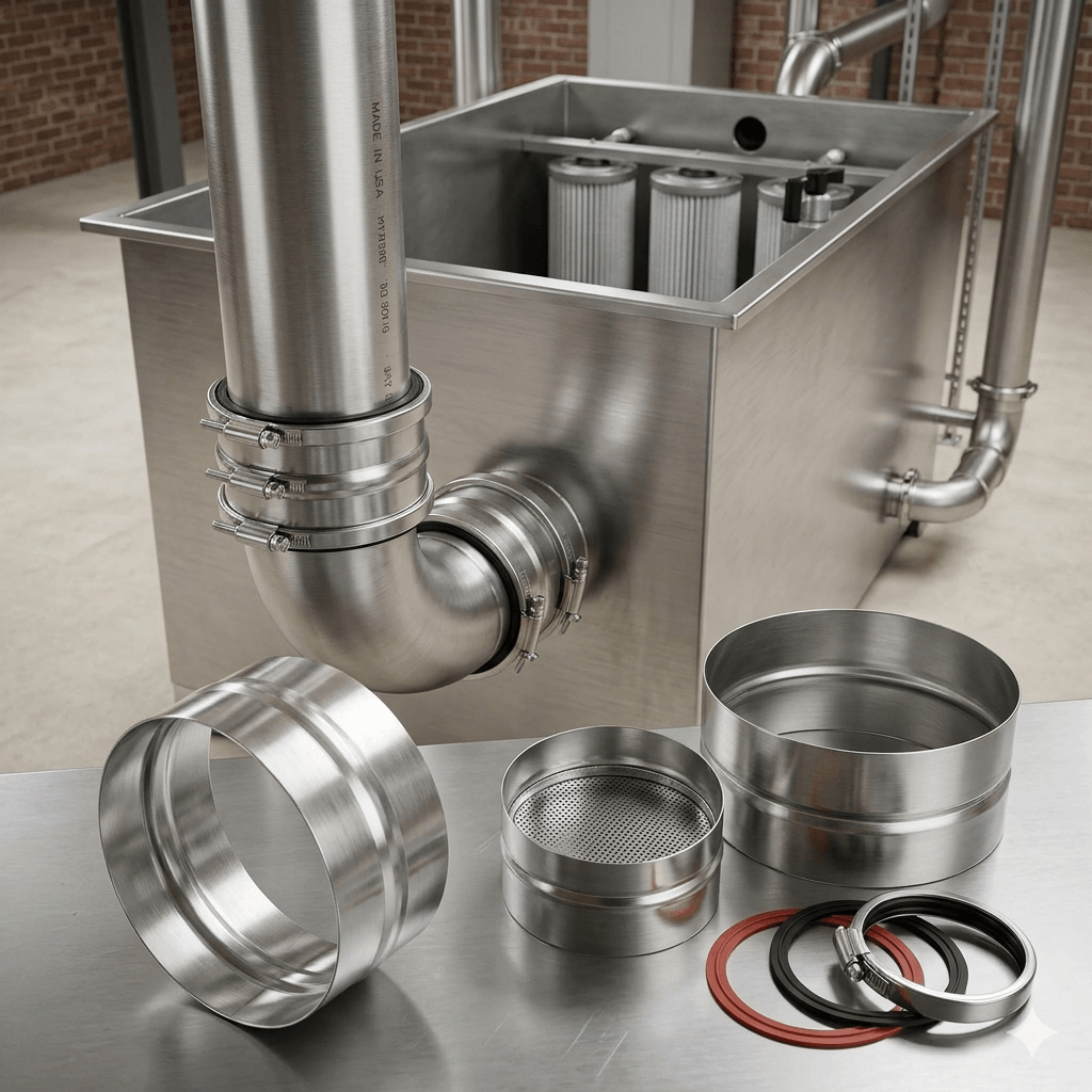 Close-up installation view of a stainless steel round duct joiner in a rainwater harvesting system with a gravity filtration tank.
