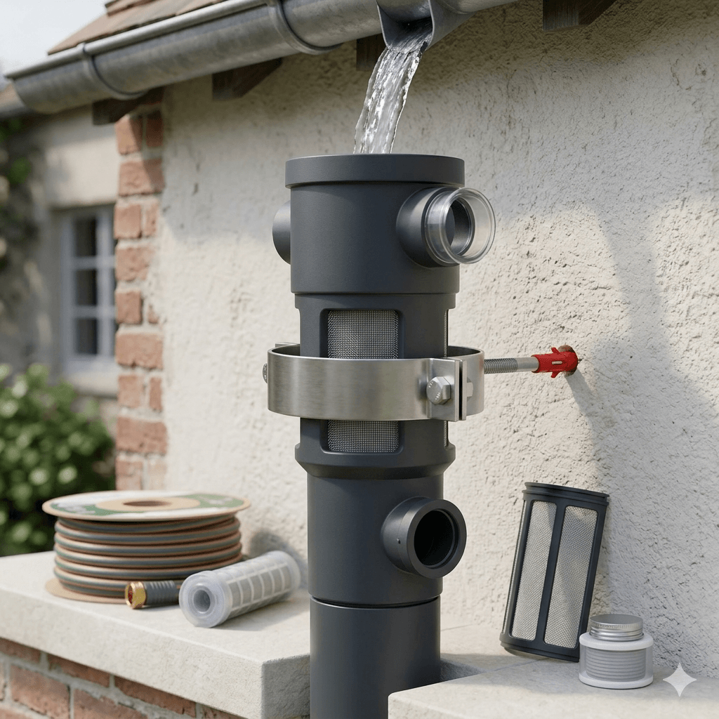 A close-up, eye-level product application image of a stainless steel standpipe clamp securing a rainwater downpipe filter collector to an outdoor building wall.