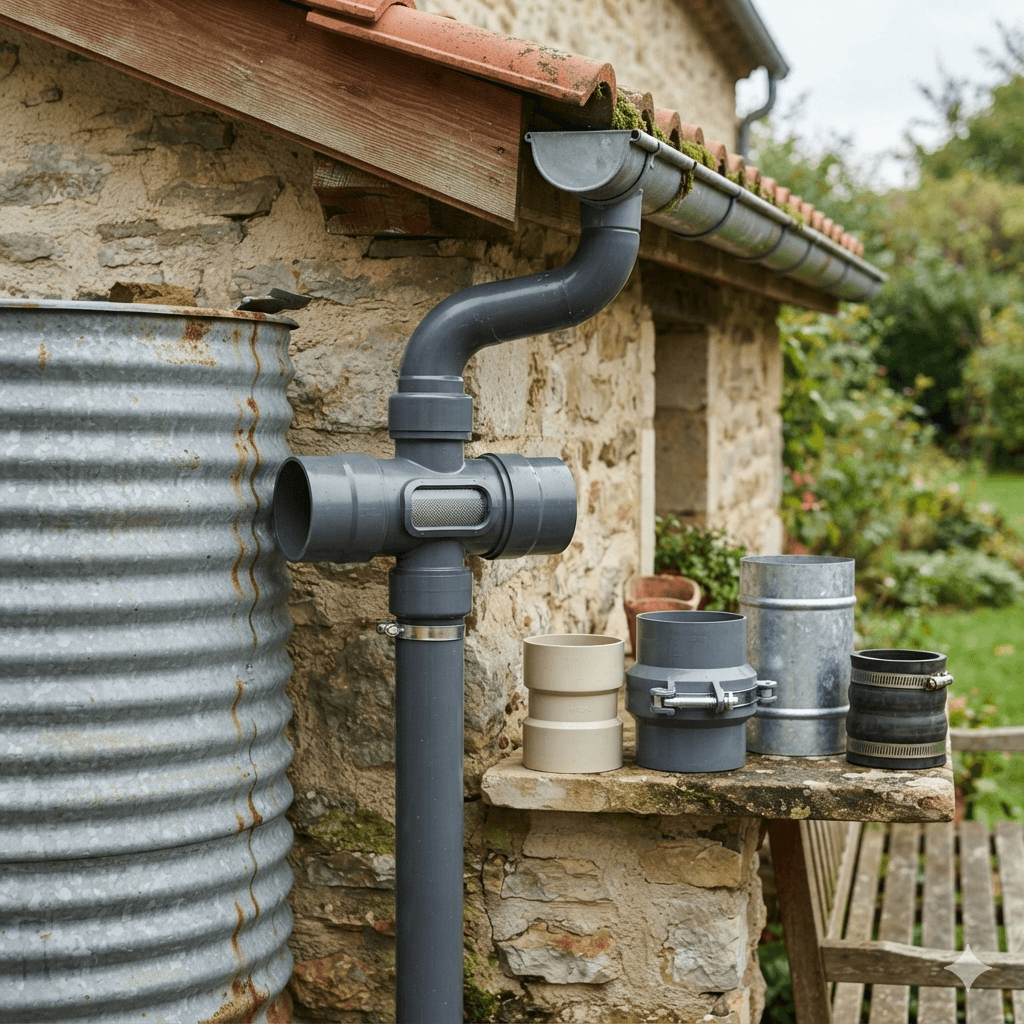 A eye-level, close-up photograph showcasing a grey PVC straight coupler with a built-in filter integrated into a rainwater harvesting downpipe system against a stone wall background. On a stone ledge next to the system, four different styles and materials of straight couplers for rainwater harvesting are displayed, including a beige plastic connector, a heavy-duty grey PVC coupler with a metal clamp, a galvanized metal sleeve, and a flexible black rubber coupling.