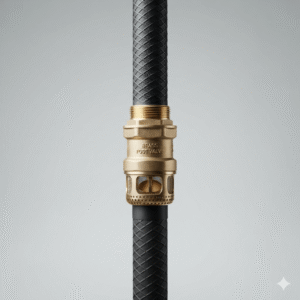 Professional product photography of a premium Suction Hose with Brass Foot Valve against a clean light gray studio background. The black hose features a high-tech 3D mesh texture, connected to a textured brass foot valve with sharp details and cinematic rim lighting.