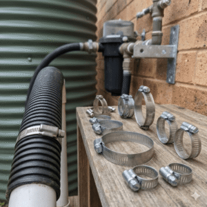 A close-up, eye-level product application photo of rain harvesting and filtration systems. In the foreground, a stainless steel worm drive hose clamp is securely installed on a black corrugated hose. On the wooden shelf to the right, a variety of full stainless steel DIN 3017 standard Worm Drive Hose Clamps in multiple sizes are displayed, showcasing their premium metallic finish. The background features a green rainwater tank and a plumbing filter system.