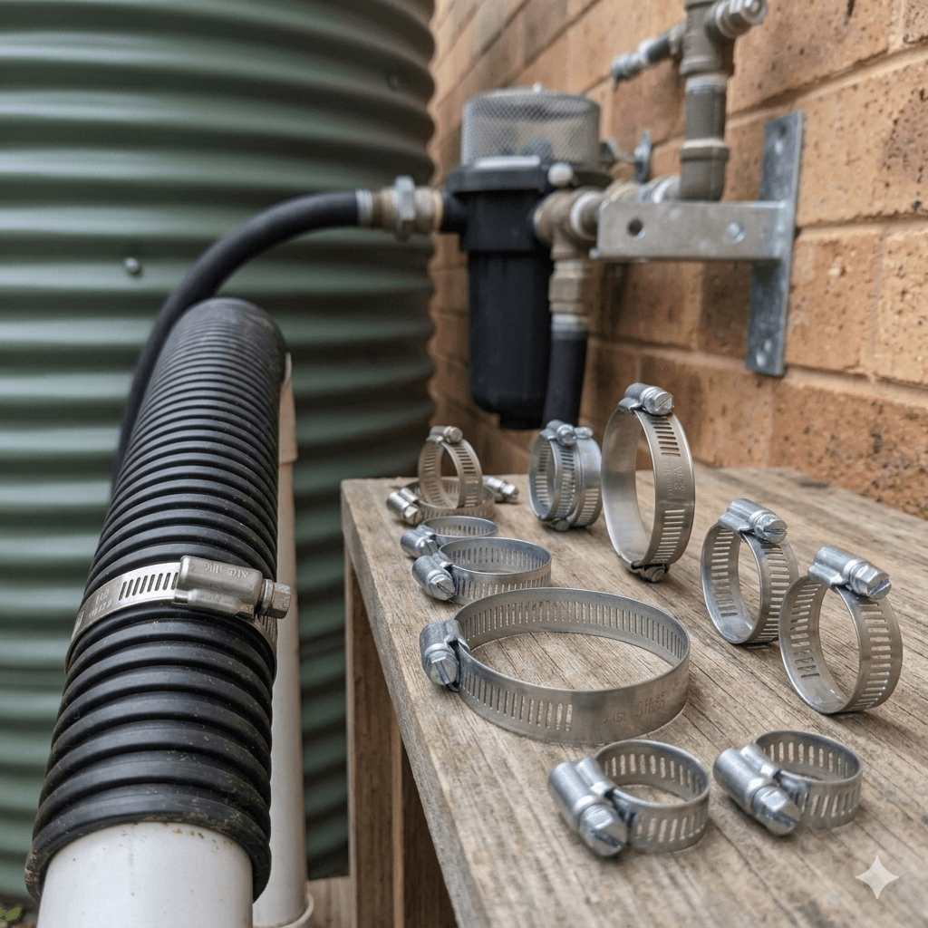 A close-up, eye-level product application photo of rain harvesting and filtration systems. In the foreground, a stainless steel worm drive hose clamp is securely installed on a black corrugated hose. On the wooden shelf to the right, a variety of full stainless steel DIN 3017 standard Worm Drive Hose Clamps in multiple sizes are displayed, showcasing their premium metallic finish. The background features a green rainwater tank and a plumbing filter system.